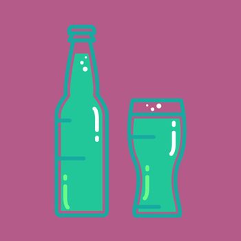 Cocktail, cold beer or juice bottle with glass. Alcohol banner with tumbler and beverage . Retro drink sticker. Vintage bar poster. Vector