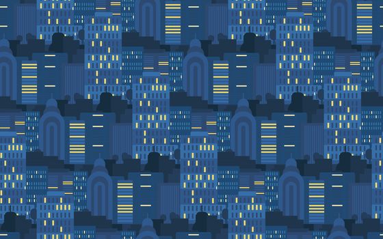 Night City Life Concept Seamless Pattern. Town street. Urban Landscape Banner with buildings, trees, shop, stores, sky and sun. Vector