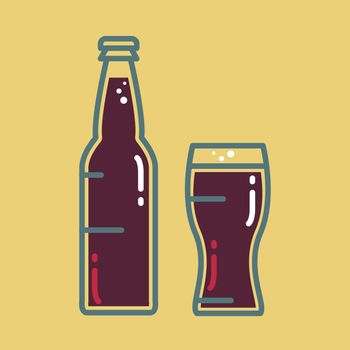 Cocktail, cold beer or juice bottle with glass. Alcohol banner with tumbler and beverage . Retro drink sticker. Vintage bar poster. Vector