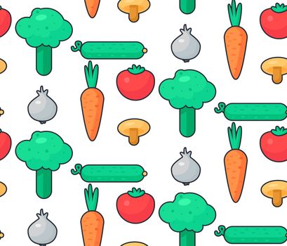 Fresh Vegetable Salad from tomato, cucumber and cabbage, carrot, mushroom and garlic. Tasty food seamless pattern for print, tablecloth and wrap, fabric, spread, card, banner. Vegan background. Vector