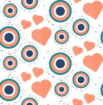 Vintage Seamless Romantic Pattern for Wrap, Print, Fabric, Textile, Greeting Card. Ornament with pink or red heart, circle for cloth, wallpaper, mosaic. Wedding, valentine retro background. Vector