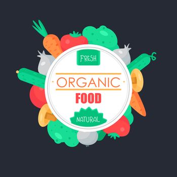 Fresh Vegetable Banner from tomato, cucumber and cabbage, carrot, mushroom and garlic. Tasty natural food badge. Vegan sticker. Eco design element. Vector