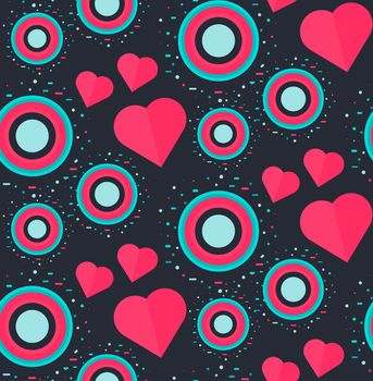 Vintage Seamless Romantic Pattern for Wrap, Print, Fabric, Textile, Greeting Card. Ornament with pink or red heart, circle for cloth, wallpaper, mosaic. Wedding, valentine retro background. Vector