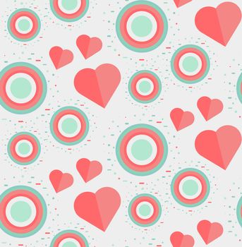 Vintage Seamless Romantic Pattern for Wrap, Print, Fabric, Textile, Greeting Card. Ornament with pink or red heart, circle for cloth, wallpaper, mosaic. Wedding, valentine retro background. Vector