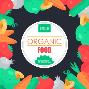 Fresh Vegetable Banner from tomato, cucumber and cabbage, carrot, mushroom and garlic. Tasty natural food badge. Vegan sticker. Eco design element. Vector