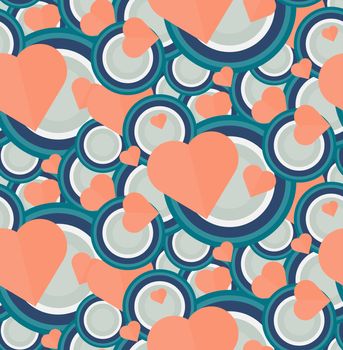 Vintage Seamless Romantic Pattern for Wrap, Print, Fabric, Textile, Greeting Card. Ornament with pink or red heart, circle for cloth, wallpaper, mosaic. Wedding, valentine retro background. Vector
