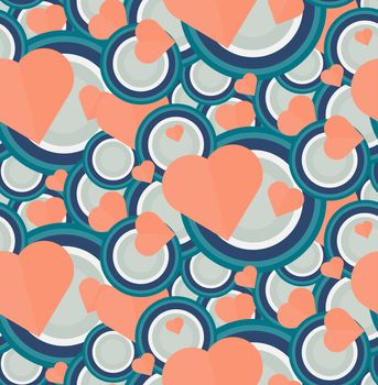 Vintage Seamless Romantic Pattern for Wrap, Print, Fabric, Textile, Greeting Card. Ornament with pink or red heart, circle for cloth, wallpaper, mosaic. Wedding, valentine retro background. Vector