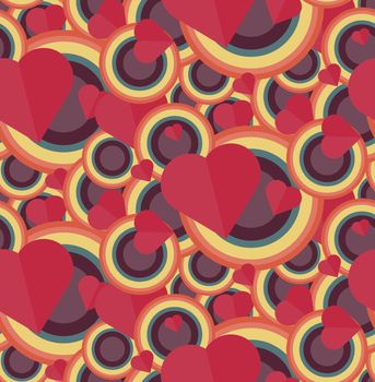 Vintage Seamless Romantic Pattern for Wrap, Print, Fabric, Textile, Greeting Card. Ornament with pink or red heart, circle for cloth, wallpaper, mosaic. Wedding, valentine retro background. Vector