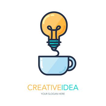 Simple Creative Success Idea Logo. Innovation symbol. Light bulb and cup. Design element for business startup, technology, science. Icon concept of invention, study, imagination and creativity. Vector