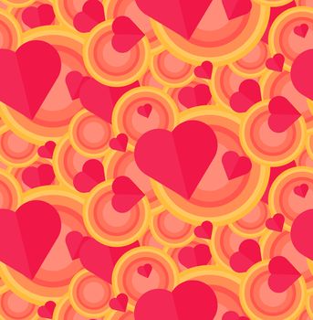 Vintage Seamless Romantic Pattern for Wrap, Print, Fabric, Textile, Greeting Card. Ornament with pink or red heart, circle for cloth, wallpaper, mosaic. Wedding, valentine retro background. Vector
