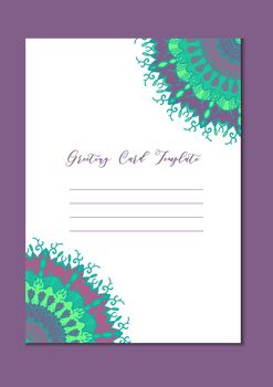 Business mandala card template. Oriental ethnic pattern. Mehndi ornament page for brochure, flyer, greeting, invitation cover. Design layout in boho and islam, arabic and east, indian style. Vector