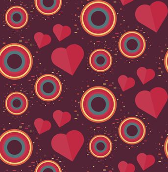 Vintage Seamless Romantic Pattern for Wrap, Print, Fabric, Textile, Greeting Card. Ornament with pink or red heart, circle for cloth, wallpaper, mosaic. Wedding, valentine retro background. Vector