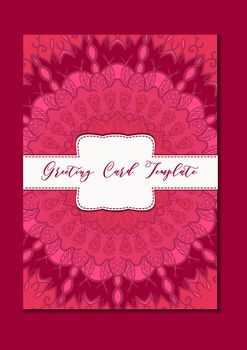 Business mandala card template. Oriental ethnic pattern. Mehndi ornament page for brochure, flyer, greeting, invitation cover. Design layout in boho and islam, arabic and east, indian style. Vector