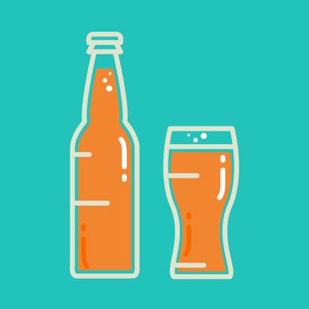 Cocktail, cold beer or juice bottle with glass. Alcohol banner with tumbler and beverage . Retro drink sticker. Vintage bar poster. Vector