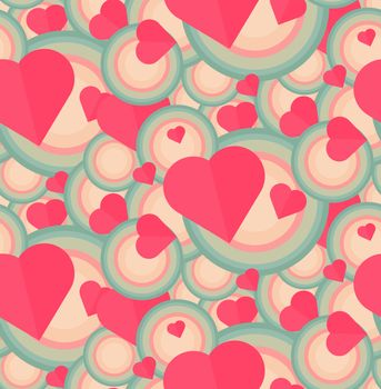 Vintage Seamless Romantic Pattern for Wrap, Print, Fabric, Textile, Greeting Card. Ornament with pink or red heart, circle for cloth, wallpaper, mosaic. Wedding, valentine retro background. Vector