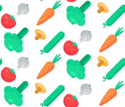 Fresh Vegetable Salad from tomato, cucumber and cabbage, carrot, mushroom and garlic. Tasty food seamless pattern for print, tablecloth and wrap, fabric, spread, card, banner. Vegan background. Vector
