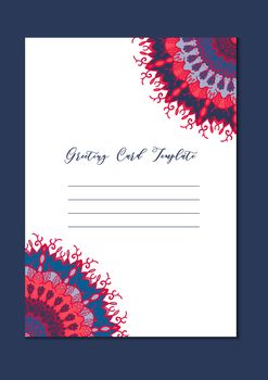 Business mandala card template. Oriental ethnic pattern. Mehndi ornament page for brochure, flyer, greeting, invitation cover. Design layout in boho and islam, arabic and east, indian style. Vector