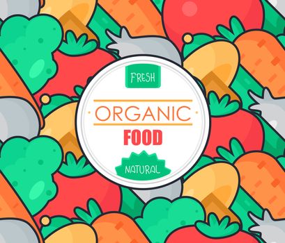 Fresh Vegetable Banner from tomato, cucumber and cabbage, carrot, mushroom and garlic. Tasty natural food badge. Vegan sticker. Eco design element. Vector