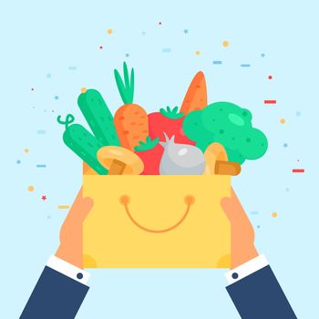 Fresh Vegetable Banner from tomato, cucumber and cabbage, carrot, mushroom and garlic in bag. Tasty natural food badge. Vegan sticker. Eco design element. Vector