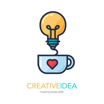 Simple Creative Success Idea Logo. Innovation symbol. Light bulb and cup. Design element for business startup, technology, science. Icon concept of invention, study, imagination and creativity. Vector