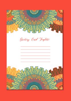 Business mandala card template. Oriental ethnic pattern. Mehndi ornament page for brochure, flyer, greeting, invitation cover. Design layout in boho and islam, arabic and east, indian style. Vector