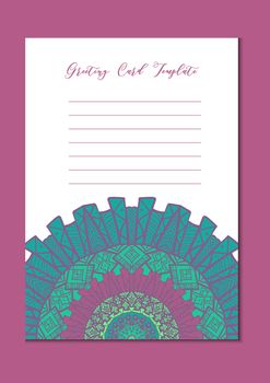 Business mandala card template. Oriental ethnic pattern. Mehndi ornament page for brochure, flyer, greeting, invitation cover. Design layout in boho and islam, arabic and east, indian style. Vector