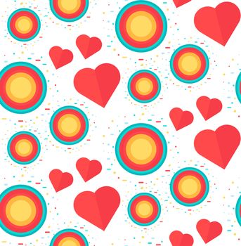 Vintage Seamless Romantic Pattern for Wrap, Print, Fabric, Textile, Greeting Card. Ornament with pink or red heart, circle for cloth, wallpaper, mosaic. Wedding, valentine retro background. Vector