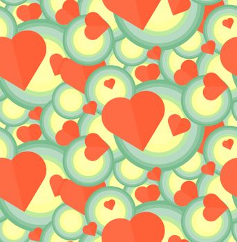 Vintage Seamless Romantic Pattern for Wrap, Print, Fabric, Textile, Greeting Card. Ornament with pink or red heart, circle for cloth, wallpaper, mosaic. Wedding, valentine retro background. Vector