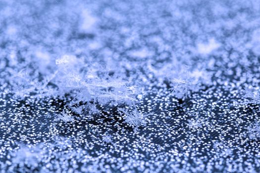 snowflakes on glitter surface macro background with selective focus.