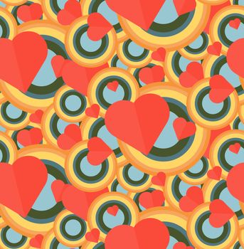 Vintage Seamless Romantic Pattern for Wrap, Print, Fabric, Textile, Greeting Card. Ornament with pink or red heart, circle for cloth, wallpaper, mosaic. Wedding, valentine retro background. Vector