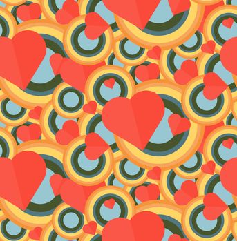 Vintage Seamless Romantic Pattern for Wrap, Print, Fabric, Textile, Greeting Card. Ornament with pink or red heart, circle for cloth, wallpaper, mosaic. Wedding, valentine retro background. Vector