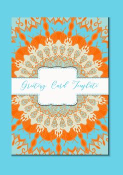Business mandala card template. Oriental ethnic pattern. Mehndi ornament page for brochure, flyer, greeting, invitation cover. Design layout in boho and islam, arabic and east, indian style. Vector