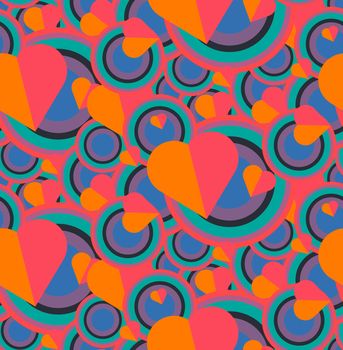 Vintage Seamless Romantic Pattern for Wrap, Print, Fabric, Textile, Greeting Card. Ornament with pink or red heart, circle for cloth, wallpaper, mosaic. Wedding, valentine retro background. Vector