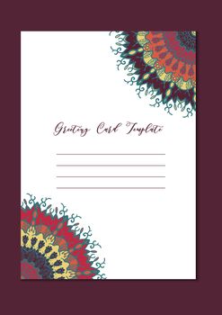 Business mandala card template. Oriental ethnic pattern. Mehndi ornament page for brochure, flyer, greeting, invitation cover. Design layout in boho and islam, arabic and east, indian style. Vector