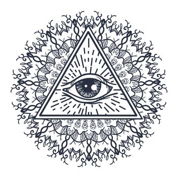 Vintage All Seeing Eye in Triangle and Mandala. Providence magic symbol for print, tattoo, coloring book,fabric, t-shirt, cloth in boho style. Astrology, occult, tribal, esoteric, alchemy sign. Vector