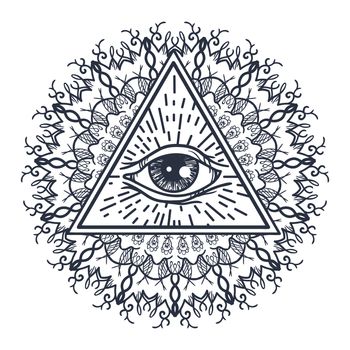 Vintage All Seeing Eye in Triangle and Mandala. Providence magic symbol for print, tattoo, coloring book,fabric, t-shirt, cloth in boho style. Astrology, occult, tribal, esoteric, alchemy sign. Vector
