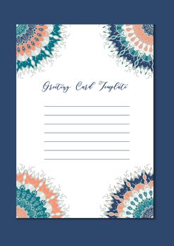 Business mandala card template. Oriental ethnic pattern. Mehndi ornament page for brochure, flyer, greeting, invitation cover. Design layout in boho and islam, arabic and east, indian style. Vector