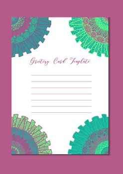 Business mandala card template. Oriental ethnic pattern. Mehndi ornament page for brochure, flyer, greeting, invitation cover. Design layout in boho and islam, arabic and east, indian style. Vector