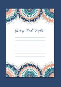 Business mandala card template. Oriental ethnic pattern. Mehndi ornament page for brochure, flyer, greeting, invitation cover. Design layout in boho and islam, arabic and east, indian style. Vector