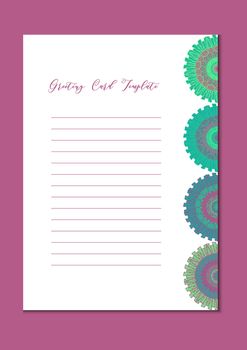 Business mandala card template. Oriental ethnic pattern. Mehndi ornament page for brochure, flyer, greeting, invitation cover. Design layout in boho and islam, arabic and east, indian style. Vector