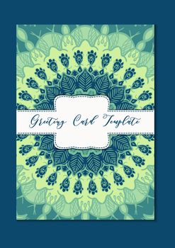 Business mandala card template. Oriental ethnic pattern. Mehndi ornament page for brochure, flyer, greeting, invitation cover. Design layout in boho and islam, arabic and east, indian style. Vector