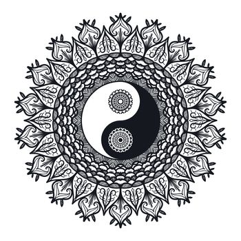 Vintage Yin and Yang in Mandala. Tao symbol for print, tattoo, coloring book,fabric, t-shirt, yoga, henna, cloth in boho style. Mehndi, occult and tribal, esoteric and alchemy sign. Vector