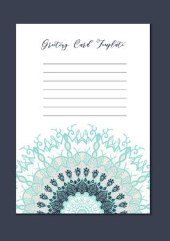 Business mandala card template. Oriental ethnic pattern. Mehndi ornament page for brochure, flyer, greeting, invitation cover. Design layout in boho and islam, arabic and east, indian style. Vector