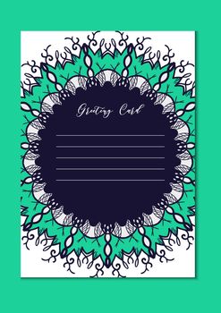 Business mandala card template. Oriental ethnic pattern. Mehndi ornament page for brochure, flyer, greeting, invitation cover. Design layout in boho and islam, arabic and east, indian style. Vector