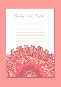 Business mandala card template. Oriental ethnic pattern. Mehndi ornament page for brochure, flyer, greeting, invitation cover. Design layout in boho and islam, arabic and east, indian style. Vector