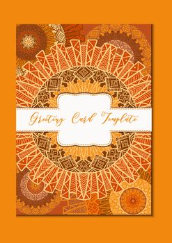 Business mandala card template. Oriental ethnic pattern. Mehndi ornament page for brochure, flyer, greeting, invitation cover. Design layout in boho and islam, arabic and east, indian style. Vector