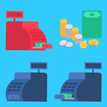 Cash register with money and coins. Commerce concept. Store symbol. Vector