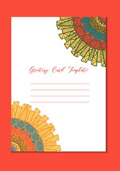 Business mandala card template. Oriental ethnic pattern. Mehndi ornament page for brochure, flyer, greeting, invitation cover. Design layout in boho and islam, arabic and east, indian style. Vector