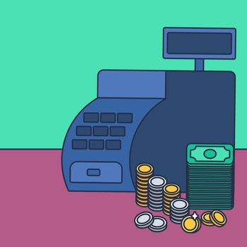 Cash register with money and coins. Commerce concept. Store symbol. Vector