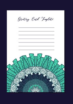 Business mandala card template. Oriental ethnic pattern. Mehndi ornament page for brochure, flyer, greeting, invitation cover. Design layout in boho and islam, arabic and east, indian style. Vector